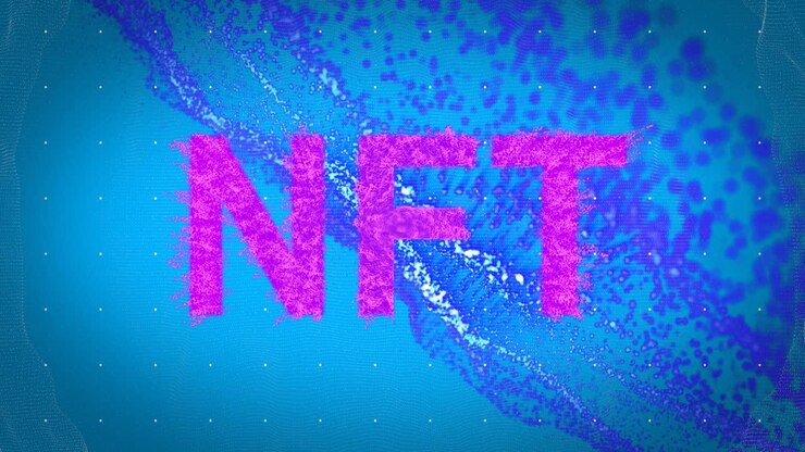 Banner di testo NFT viola su onda digitale blu su sfondo blu