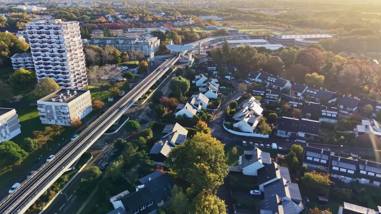 Beautiful autumn environment around the Rennes-La Poterie Train Station or Gare de Rennes-La Poterie from above, Rennes, Brittany, France