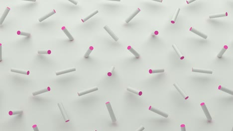 composición abstracta de formas geométricas de cilindros. barriles blancos con lados rosados sobre un fondo blanco. diseño de fondo moderno para marcas, pancartas, publicidad. animación de bucle 3d, 4k uhd