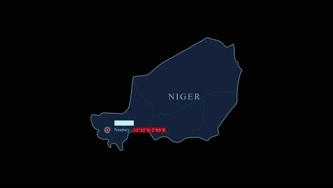 Niger-Blaue-Karte-Mit-Niamey-Hauptstadt-Und-Geografischen-Koordinaten-Auf-Schwarzem-Hintergrund