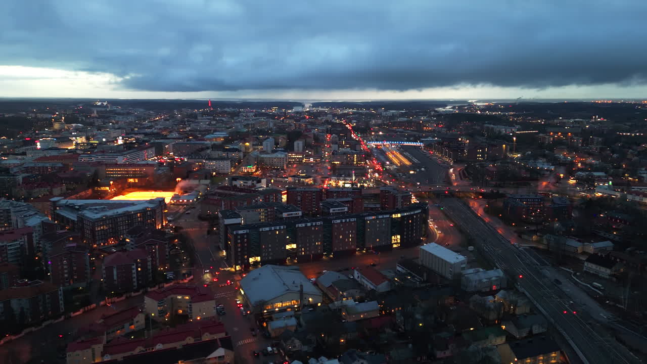 Aerial view of the Turku cityscape and the Main railway station, gloomy evening