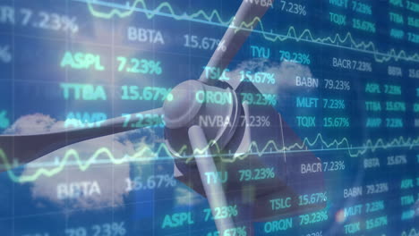 animación del procesamiento de datos del mercado de valores en primer plano de un molino de viento giratorio contra el cielo azul