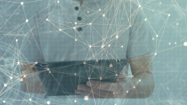 Animation of network of connections with man using tablet