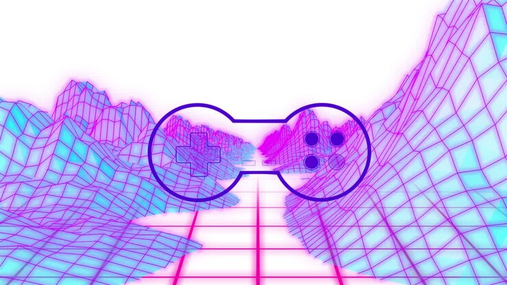 Animation of game pad over metaverse landscape