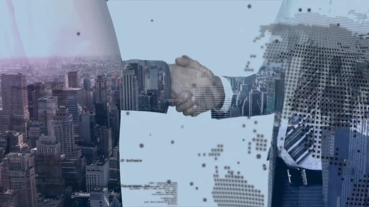 Mani che si avvicinano, due partner commerciali che si stringono la mano sopra un documento, globo che si muove attraverso la città, formando un'alleanza
