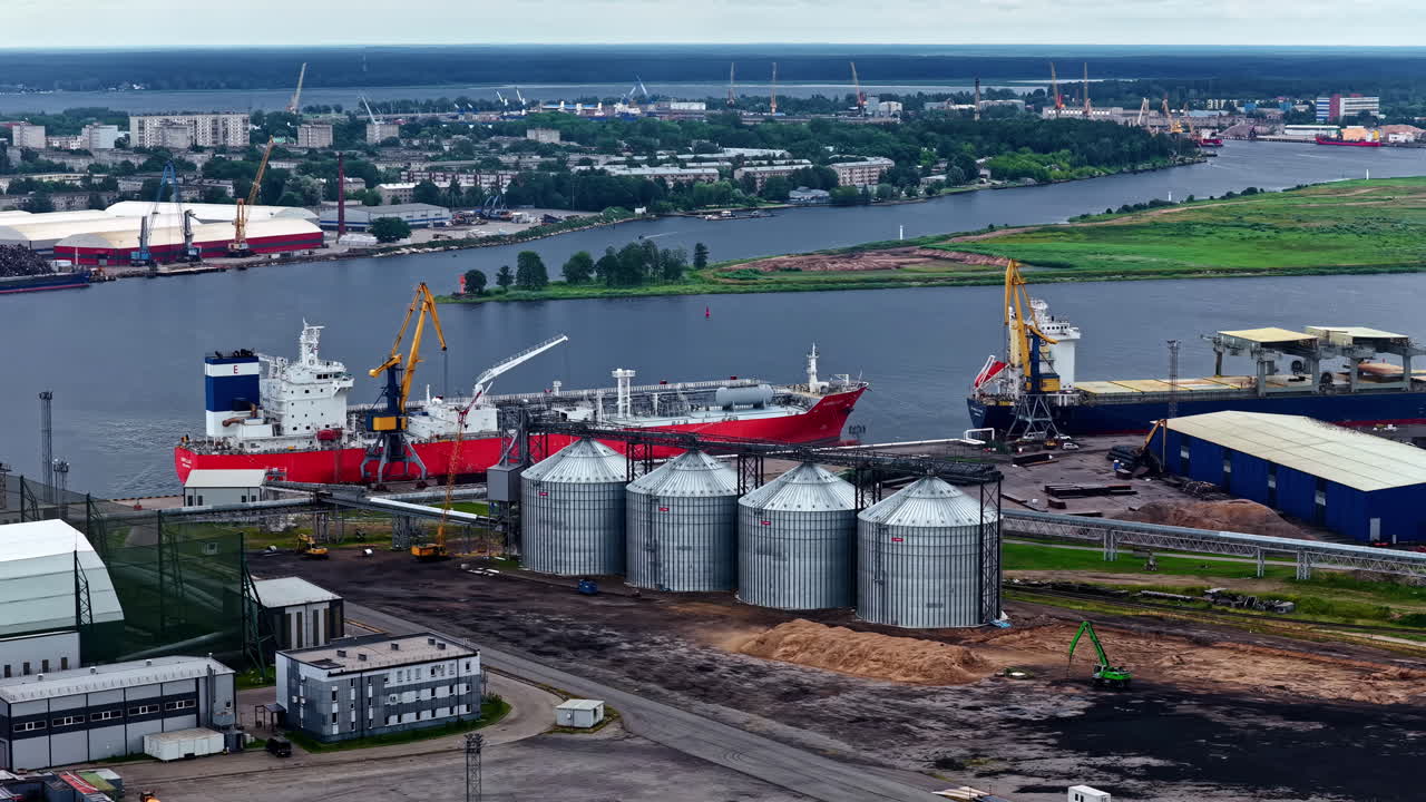 Aerial view of liquid bulk fuel terminals, showing pipeline operations and petroleum product distribution
