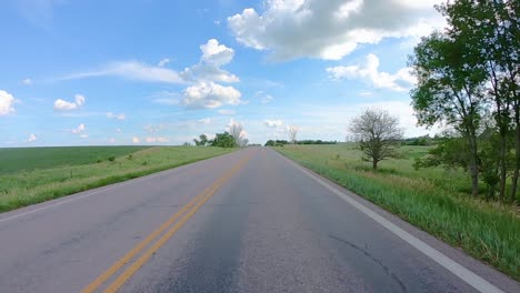 pov while slowly driving down a country road in south dakota, past luscious green fields of corn and a few trees