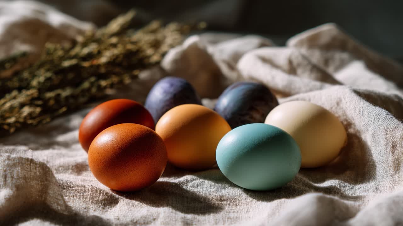Una hermosa colección de huevos coloridos, teñidos naturalmente, dispuestos artísticamente sobre una acogedora superficie de lino, rodeados de suave luz natural y acentos rústicos.