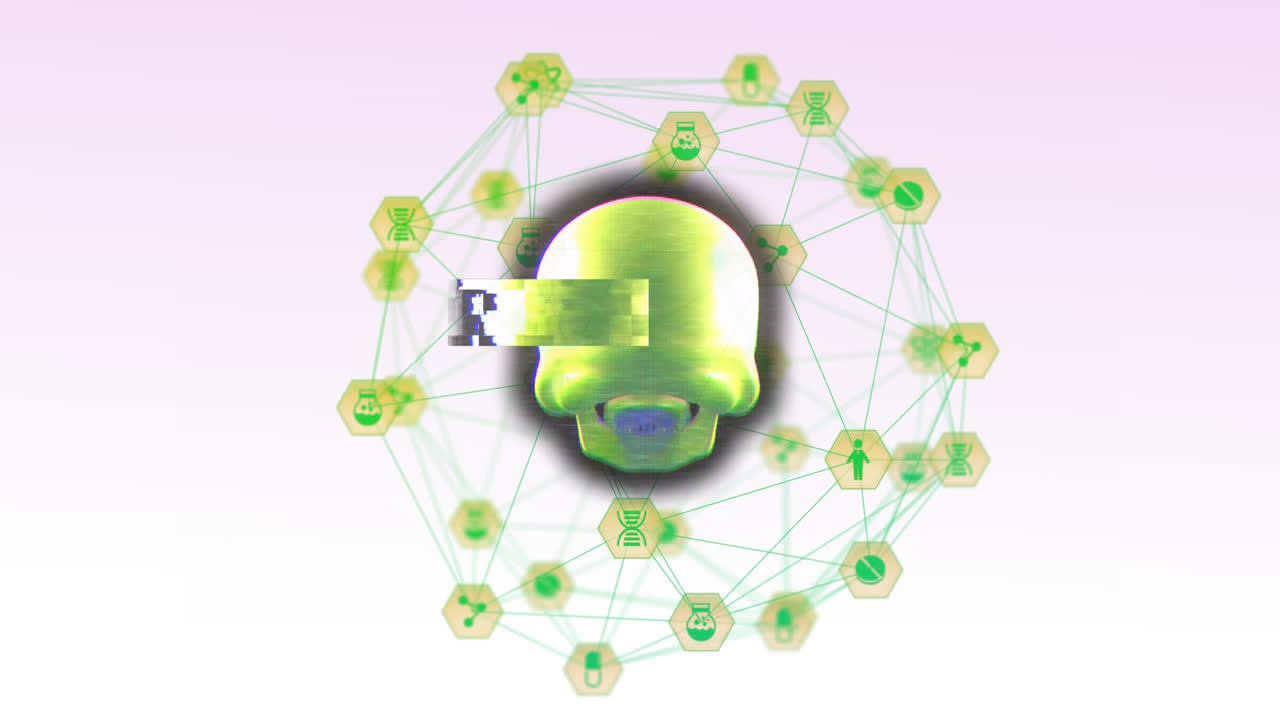 디지털 아이콘의 세계에 대해 회전하는 디지털 두개골