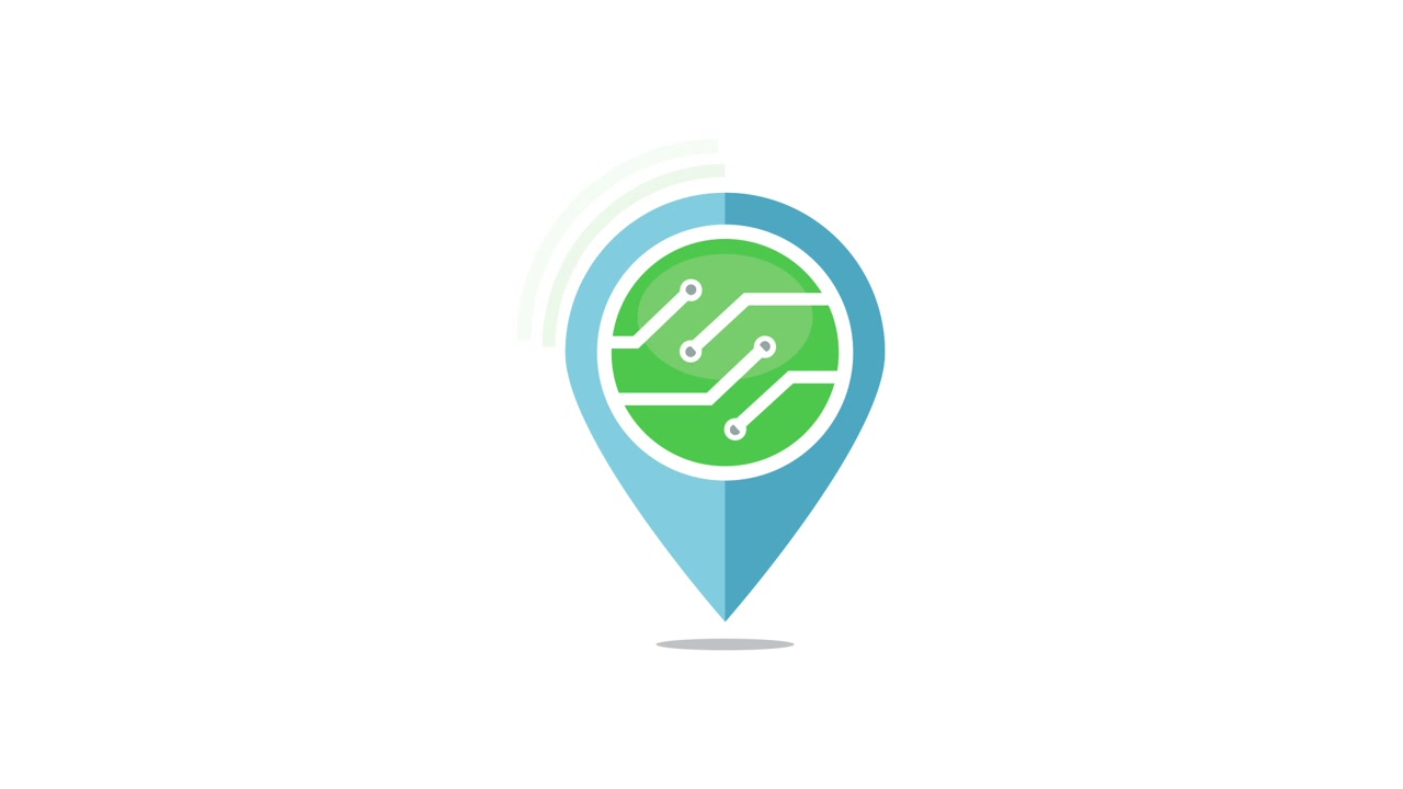 Animated Location Pin with Circuit Board and Signal Waves
