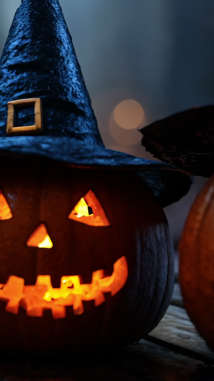 Two pumpkins with witch hats on top of a table. The pumpkins are lit up and have a spooky, Halloween vibe Vertical video
