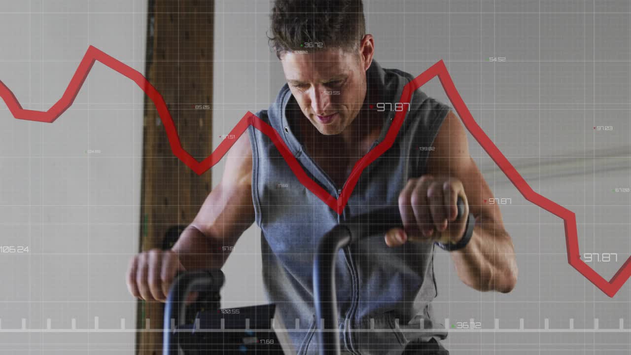 Man gripping bike handles and initiating pedaling, HUD displaying red pulse graph tracking fitness