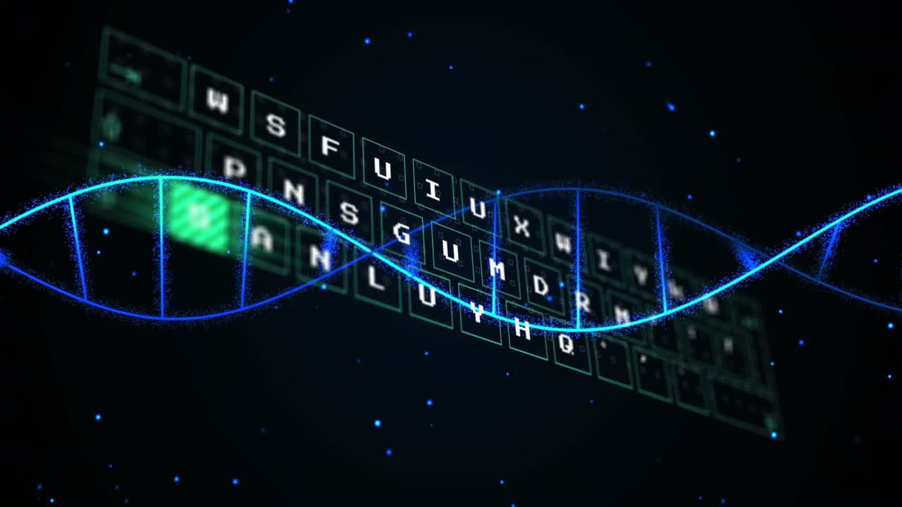 Animation of spinning dna structure over data processing and blue glowing spots