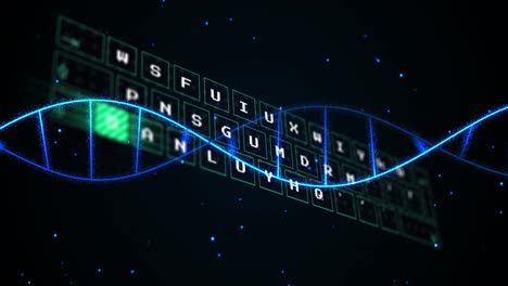 animation of spinning dna structure over data processing and blue glowing spots