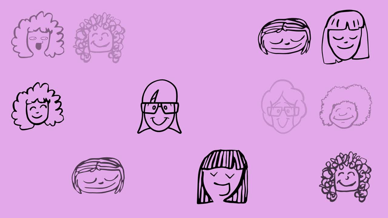 animación de múltiples cabezas de niñas sonrientes, sobre un fondo púrpura