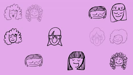 animación de múltiples cabezas de niñas sonrientes, sobre un fondo púrpura