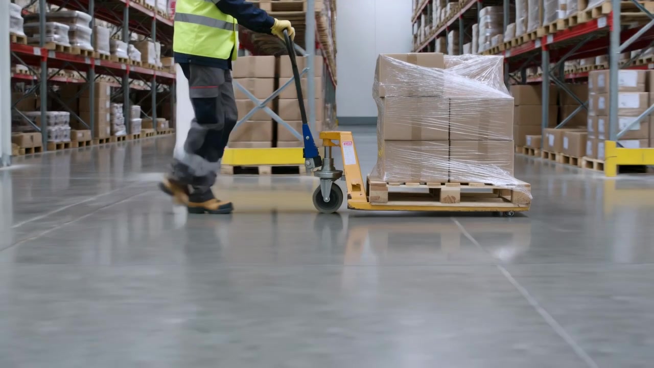 Un lavoratore sulla sinistra si avvicina, afferrando un transpallet e tirando un pallet carico e imballato in un magazzino, indossando un giubbotto ad alta visibilità.