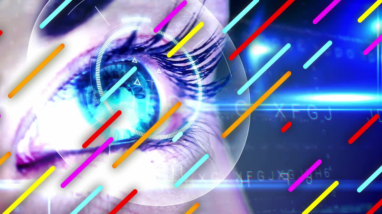 Close-up of human eye with colorful animation lines in digital interface