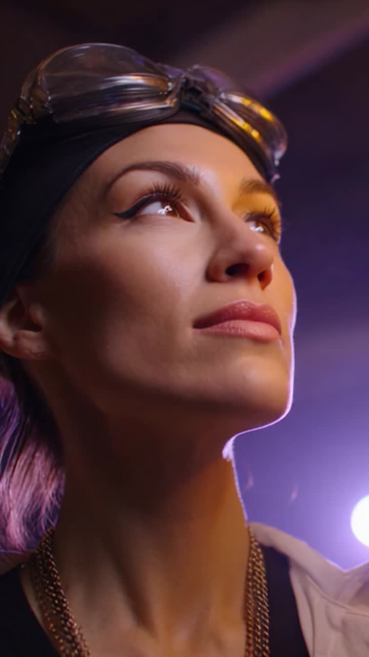 A confident woman gazing upward, showcasing her determination and grace, with dynamic lighting highlighting her features and the atmosphere of possibility around her