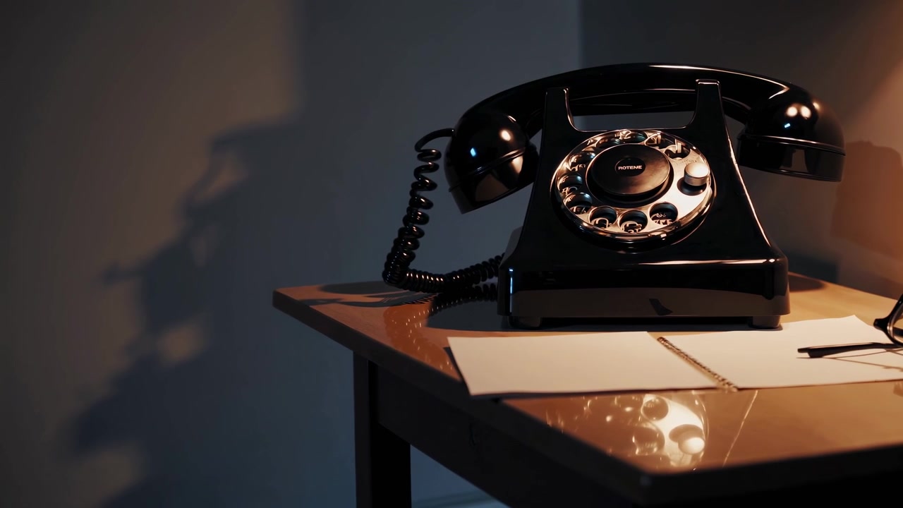 Vintage Rotary Telephone on a Desk in Dimly Lit Room