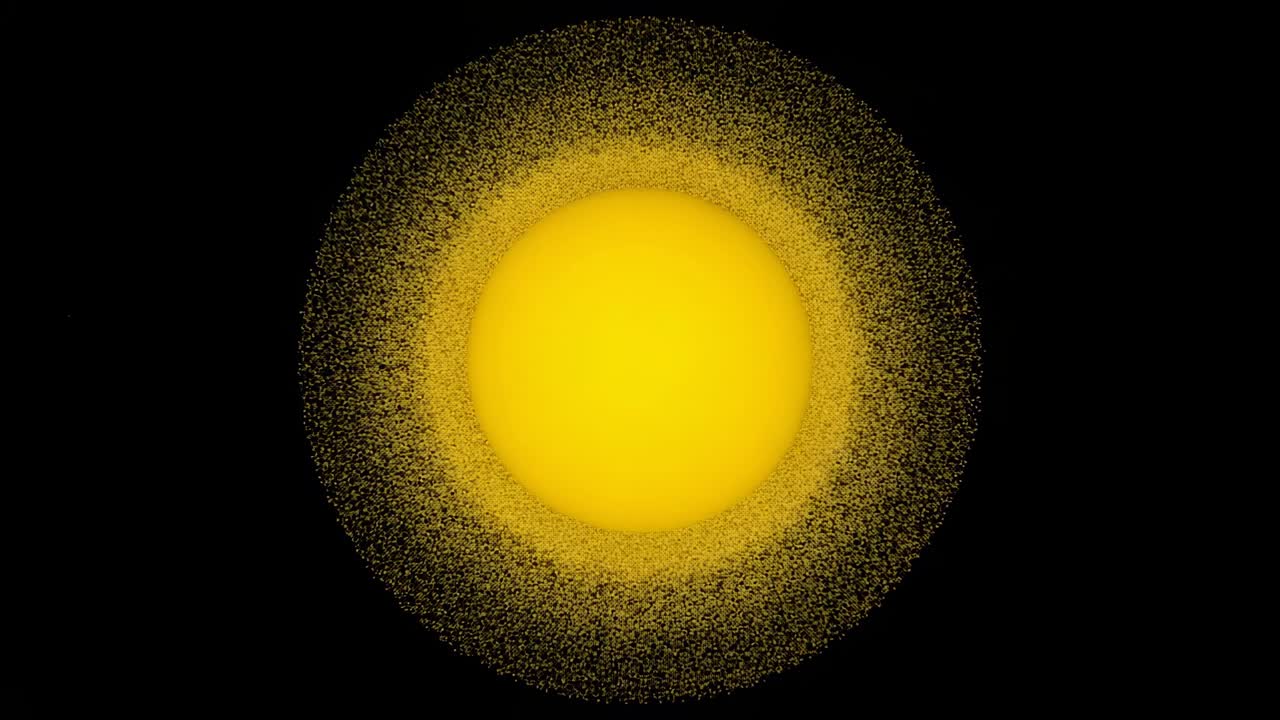 Displaying bright yellow disc in black void, forming granular particle halo around static disc edge
