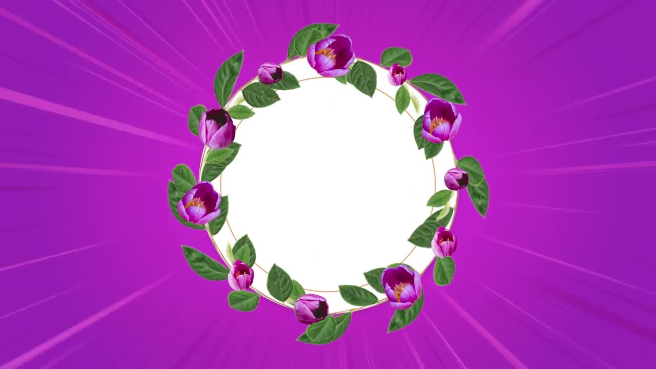 círculo blanco con hojas y flores sobre haces de luz