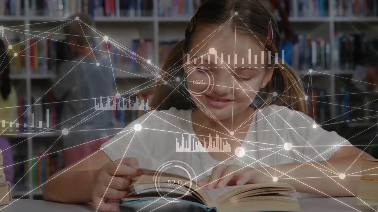 Menina lendo em uma mesa de biblioteca, virando páginas que geram linhas animadas, nós e gráficos de barras para educação
