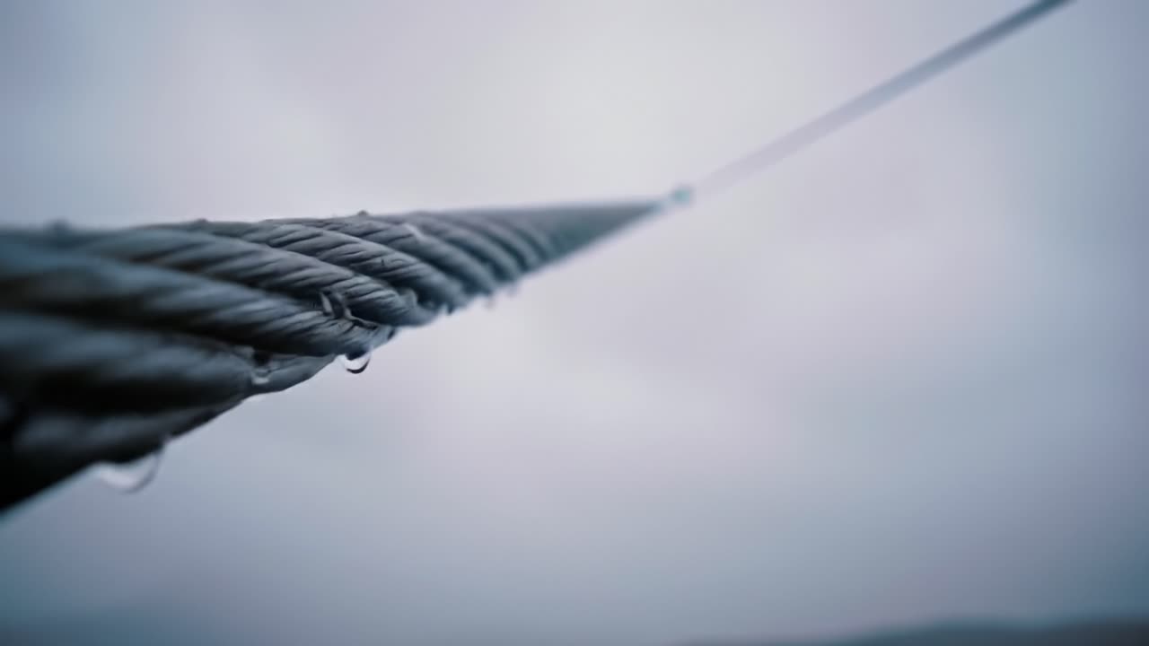 Raindrops cling to a thick cable, showcasing details of texture as dark clouds loom overhead. The atmosphere feels moody and dramatic, capturing the essence of a rainy day.