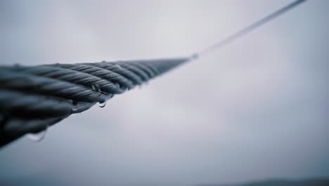 raindrops cling to a thick cable, showcasing details of texture as dark clouds loom overhead. the atmosphere feels moody and dramatic, capturing the essence of a rainy day.