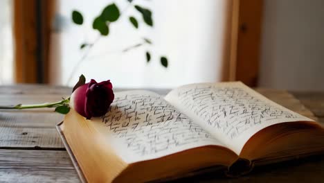 open book with red rose on wooden table