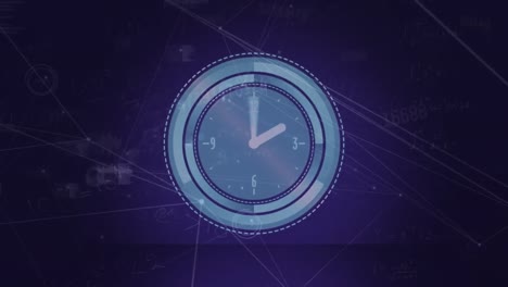 Animation-Der-Uhr-über-Der-Datenverarbeitung-Auf-Violettem-Hintergrund