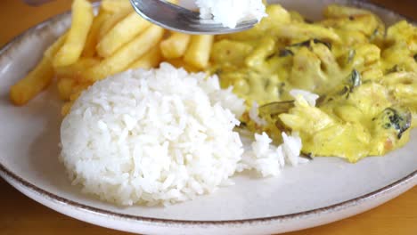 plato de pollo con arroz y papas fritas