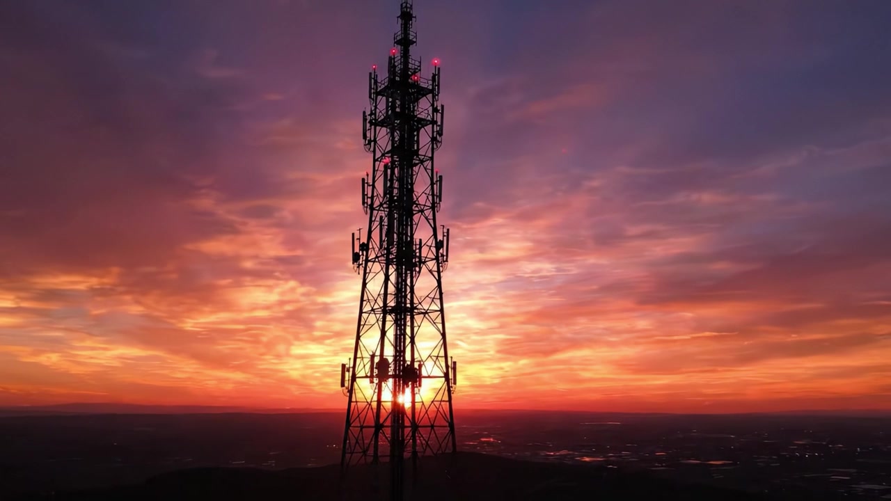 Uma Silhueta Deslumbrante de Torre de Comunicação ao Pôr do Sol Contra um Céu Vívido Transforma o Horizonte com Cores Quentes e Luz Radiante, Capturando a Beleza Natural e a Infraestrutura Urbana