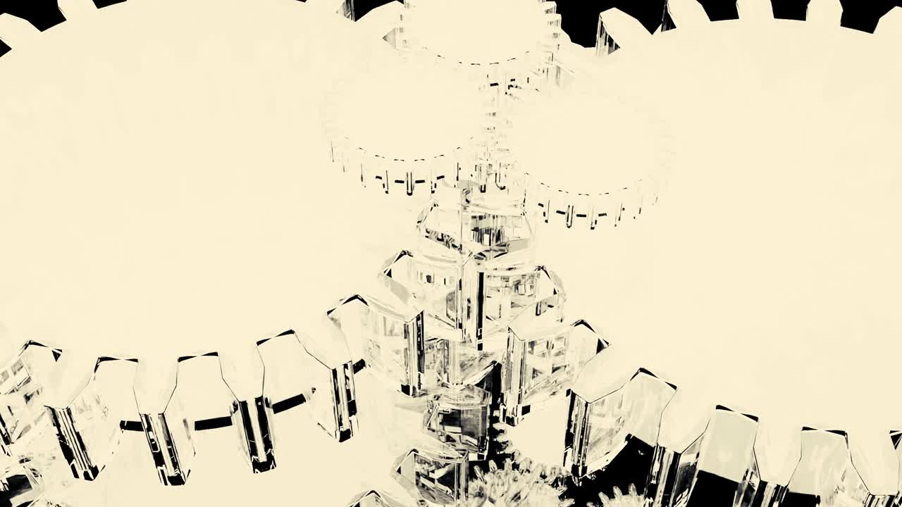 빠른 회전 모노크롬 금속 기어 또는, 기계 배경, 디자인, 검은색과 색의 거대한 기계의 3d 회전 메커니즘