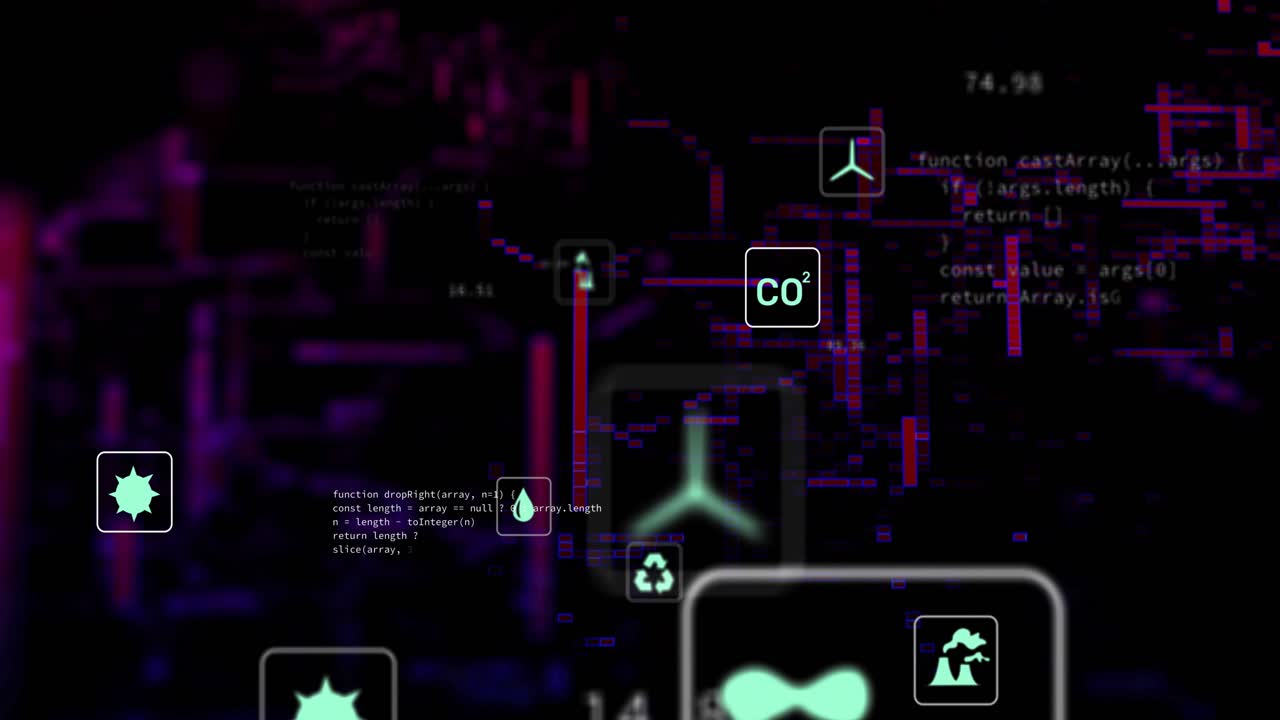 Red bars rising, activating neon cluster, icons floating and shifting, visualizing emissions data