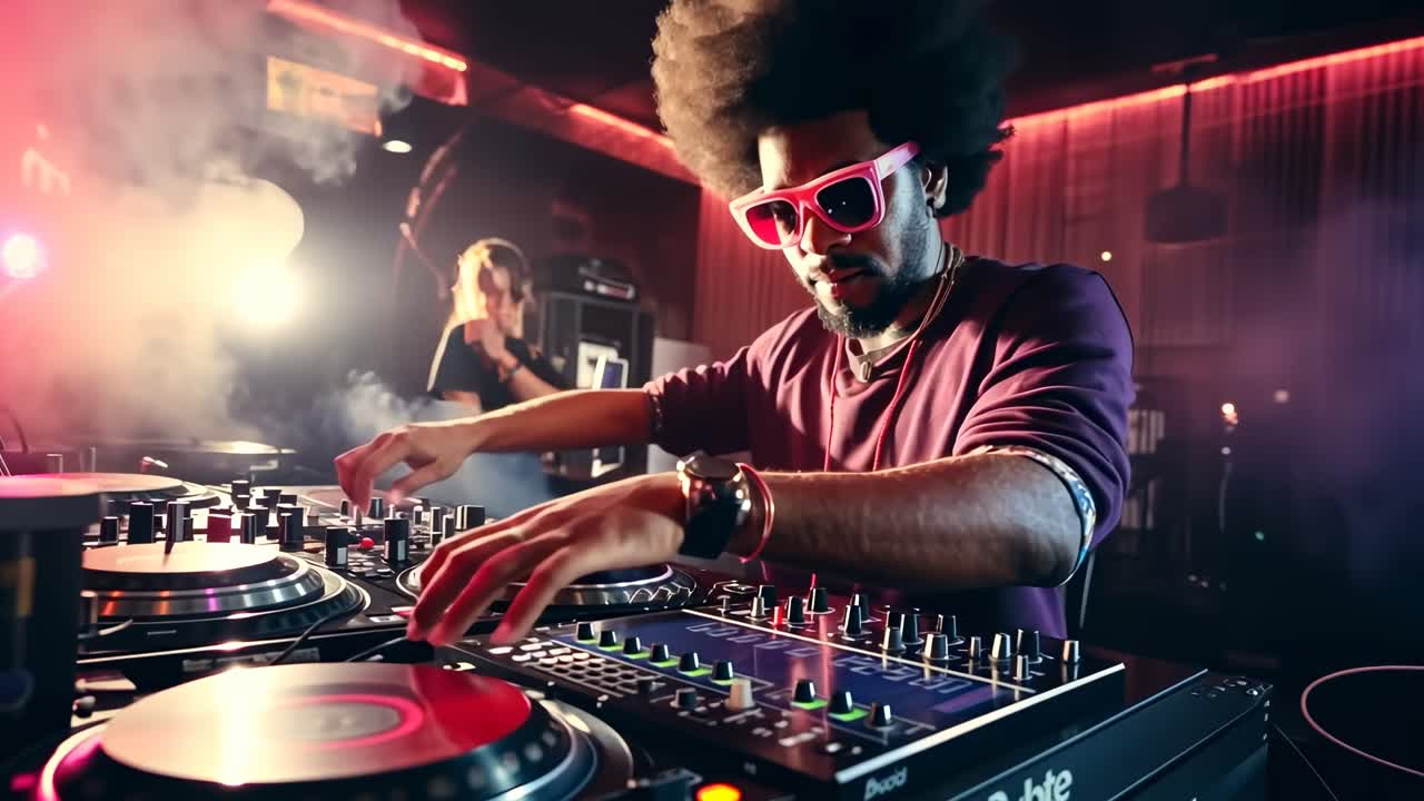 DJ che si esibisce in un vivace locale notturno, ripreso dal basso.