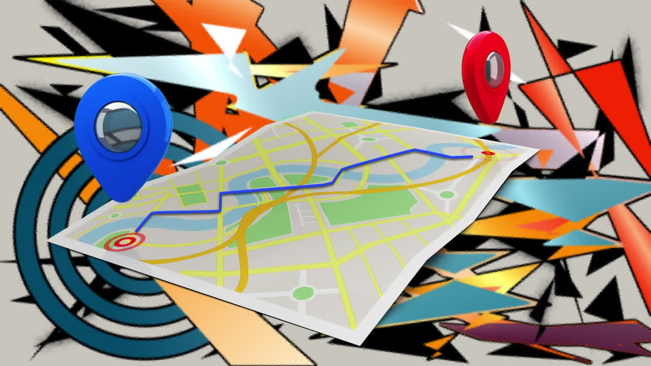 animación del mapa con marcas de posición sobre diversas formas geométricas