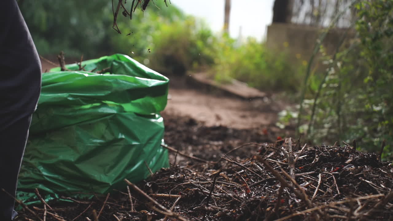 movimiento lento de deshierbación en el jardín y preparación del suelo para la próxima siembra
