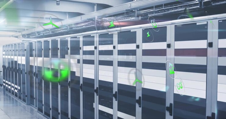On pause turbine icons and CO2 icons appearing and swirling over server rack showing carbon capture