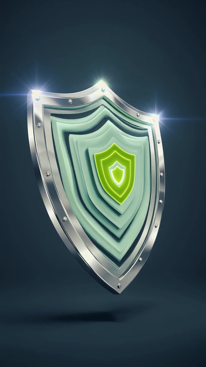 3D Shield Icon Rotating with Glowing Green Core