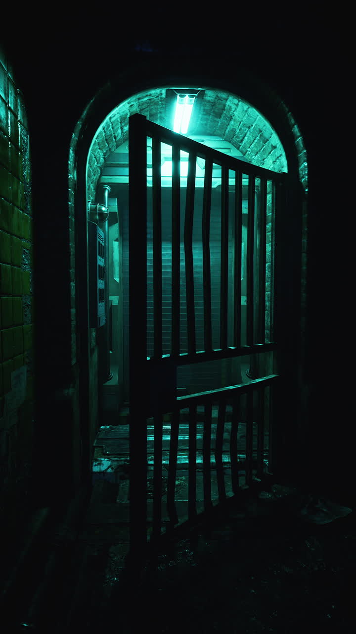 una puerta espeluznante que conduce a un túnel oscuro por la noche