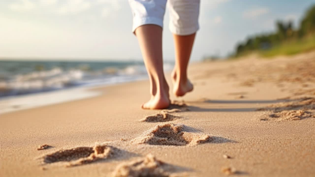 Low-angle video captures footsteps on a sandy beach, focusing on bare feet walking