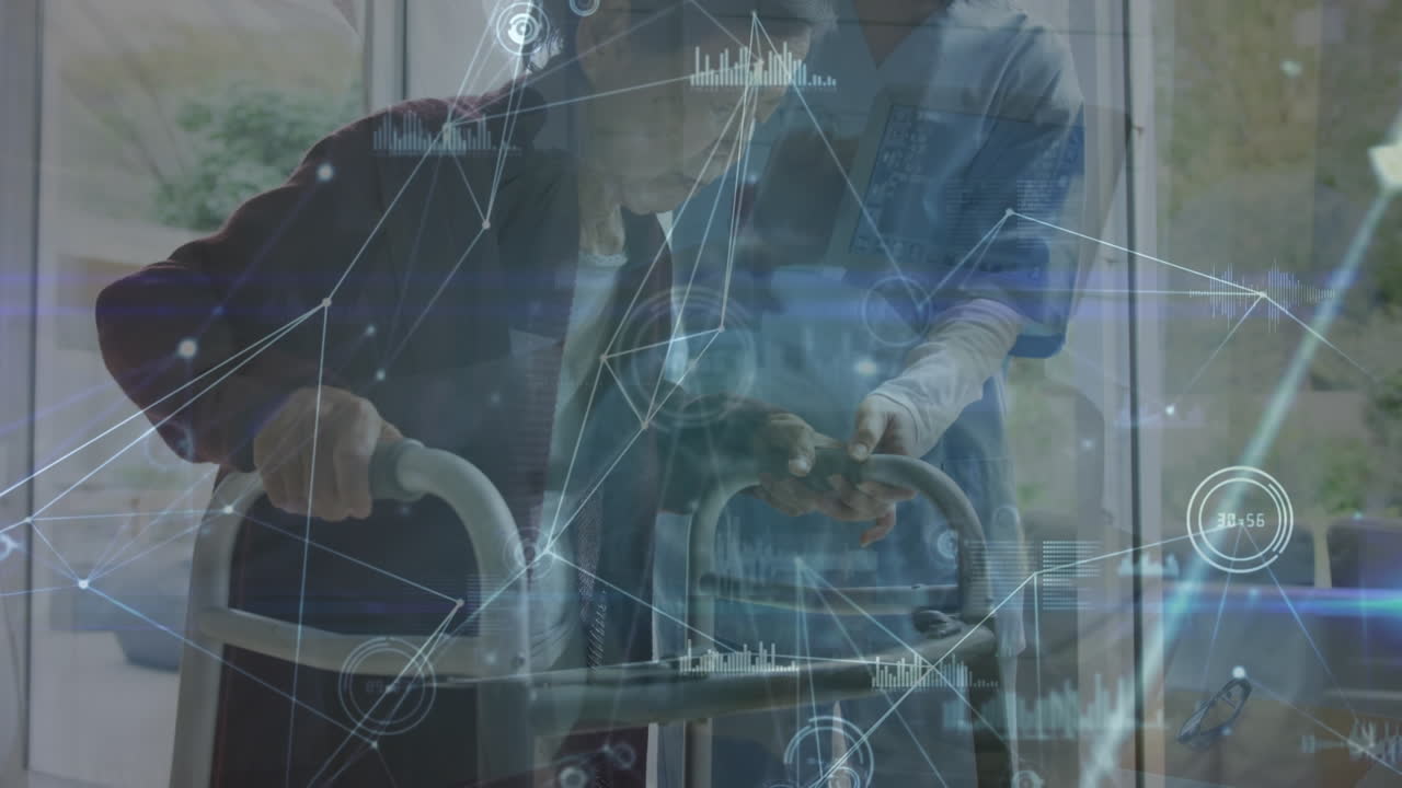 아시아의 여성 의사와 고령 환자에 대한 디지털 화면에 있는 생물학적 데이터의 애니메이션