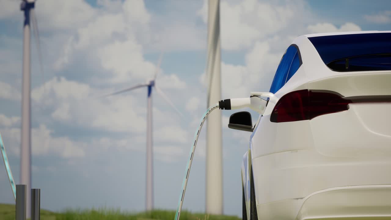 Rüzgar Türbinleri Arka Planında Şarj Olan Çevre Dostu Elektrikli Araba. Araca Takılı Şarj Portu ile Elektrikli Araç İstasyonunun Berrak Mavi Gökyüzü Arka Planı, Gerçekçi 3D Modelleme, Alternatif Enerji, Uzaklaşma.