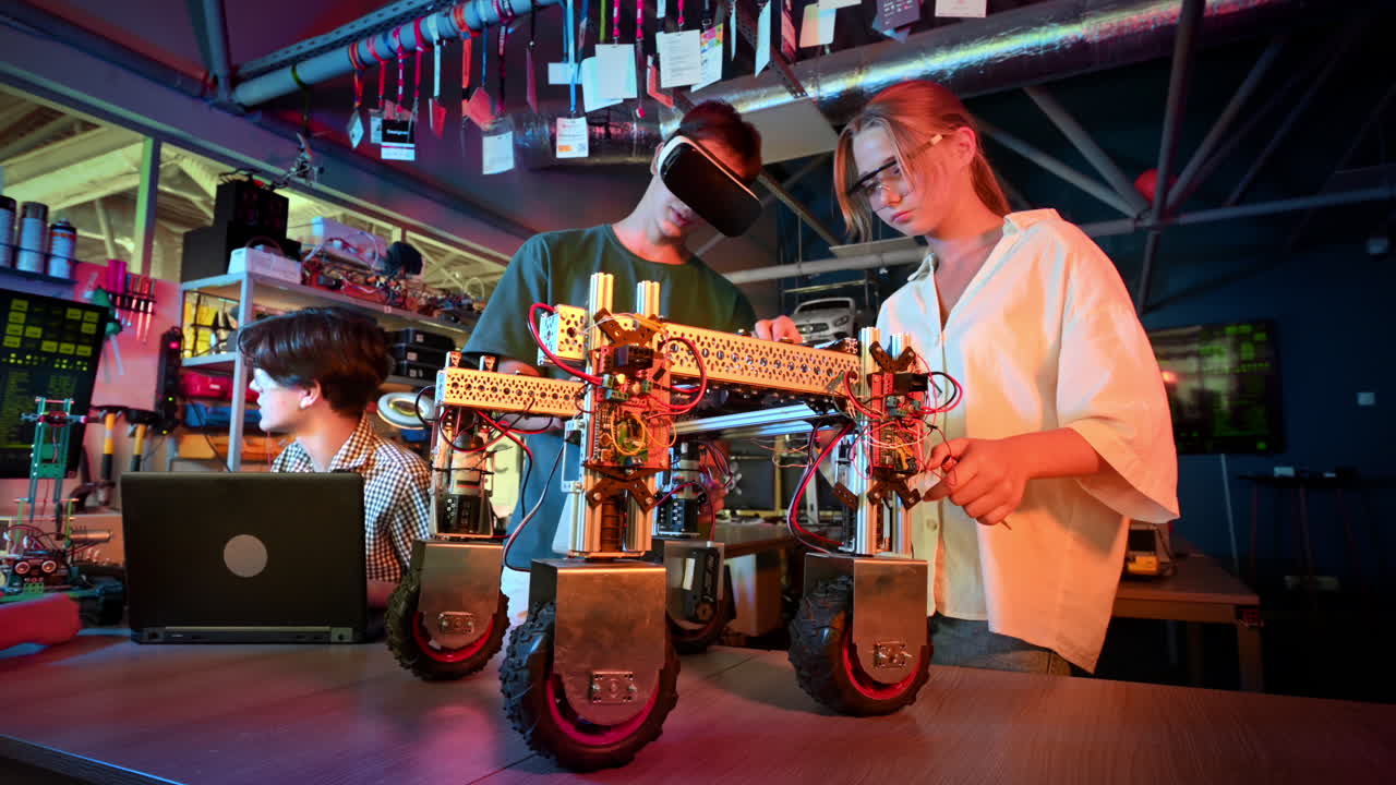 Group of teens doing experiments in robotics in a laboratory. Boys and girls in protective and VR glasses working with robots. Red and blue illumination
