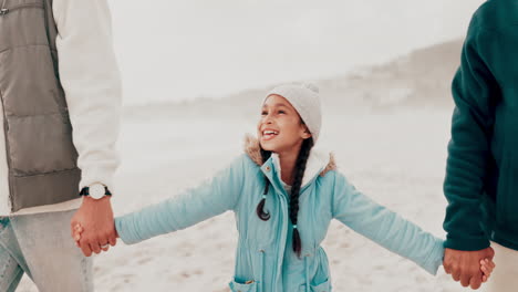 holding hands, family and girl child at the beach