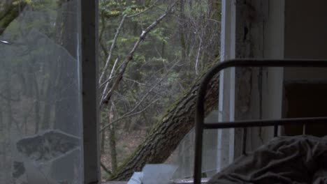 broken window glass of an abandoned kindergarten in chernobyl exclusion zone - handheld shot