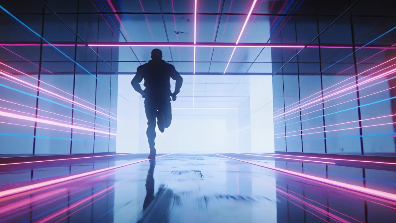 Běžící sportovec v taktické výstroji, záře portálu směřující k východu z neonové chodby se zrcadly
