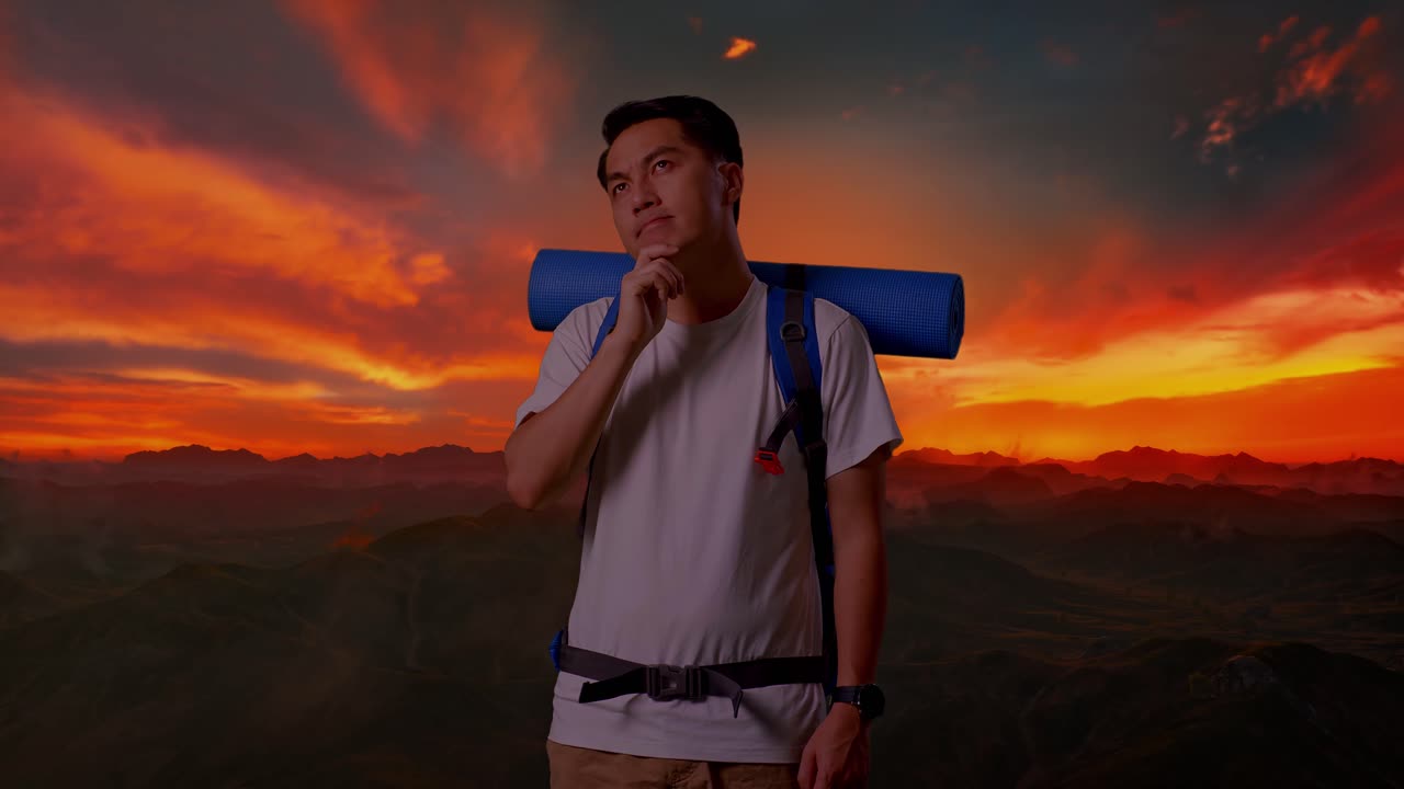 un excursionista pensativo al atardecer