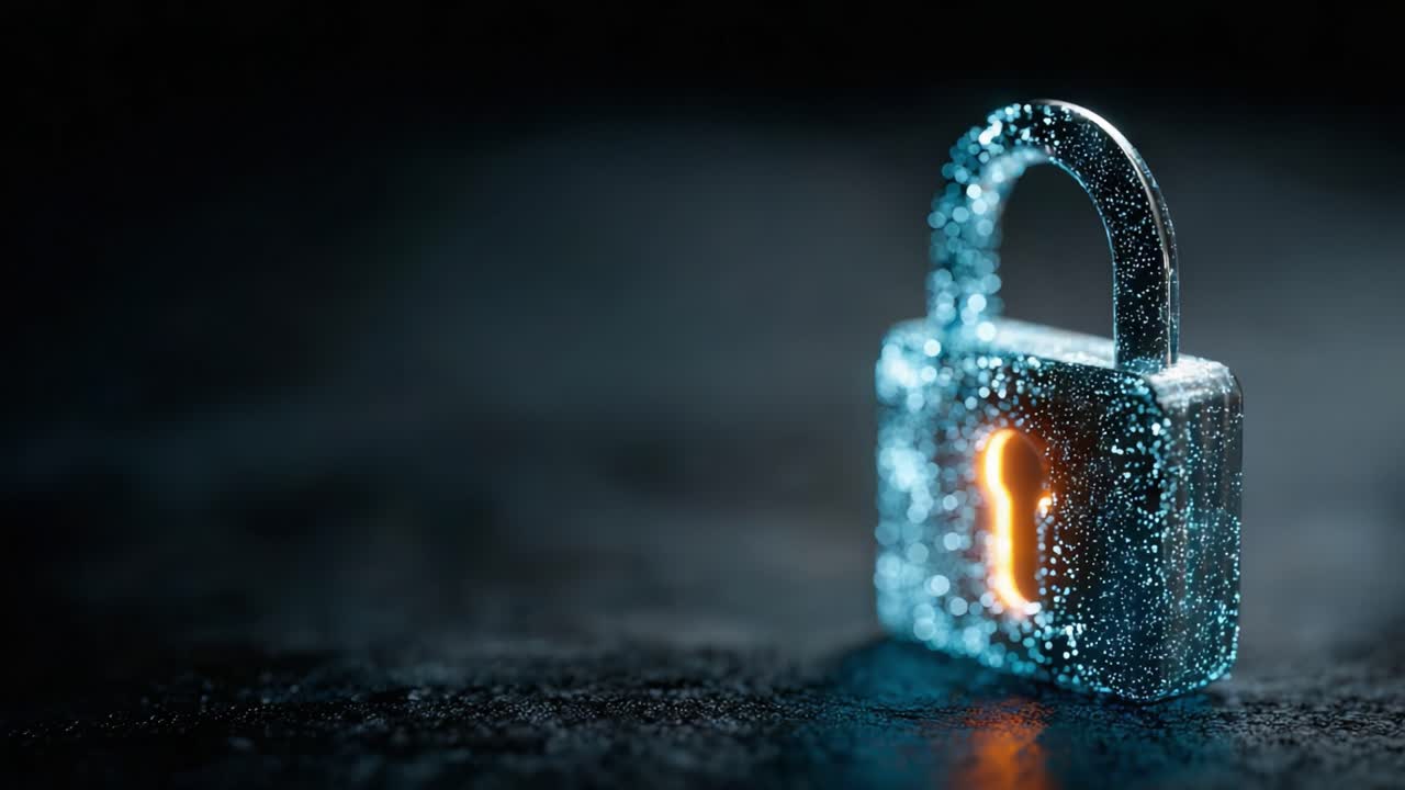 A Close-Up View of a Glowing Padlock Symbolizing Security and Protection in a Digital Environment, Surrounded by a Dark, Mysterious Background